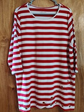 National Ultra Softs ¾-Sleeve Tunic Red White Striped Crossover Hem Grommets 1X